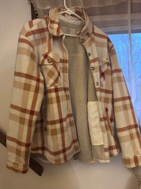 Plaid Sherpa-Lined Shacket in Cream & Orange
